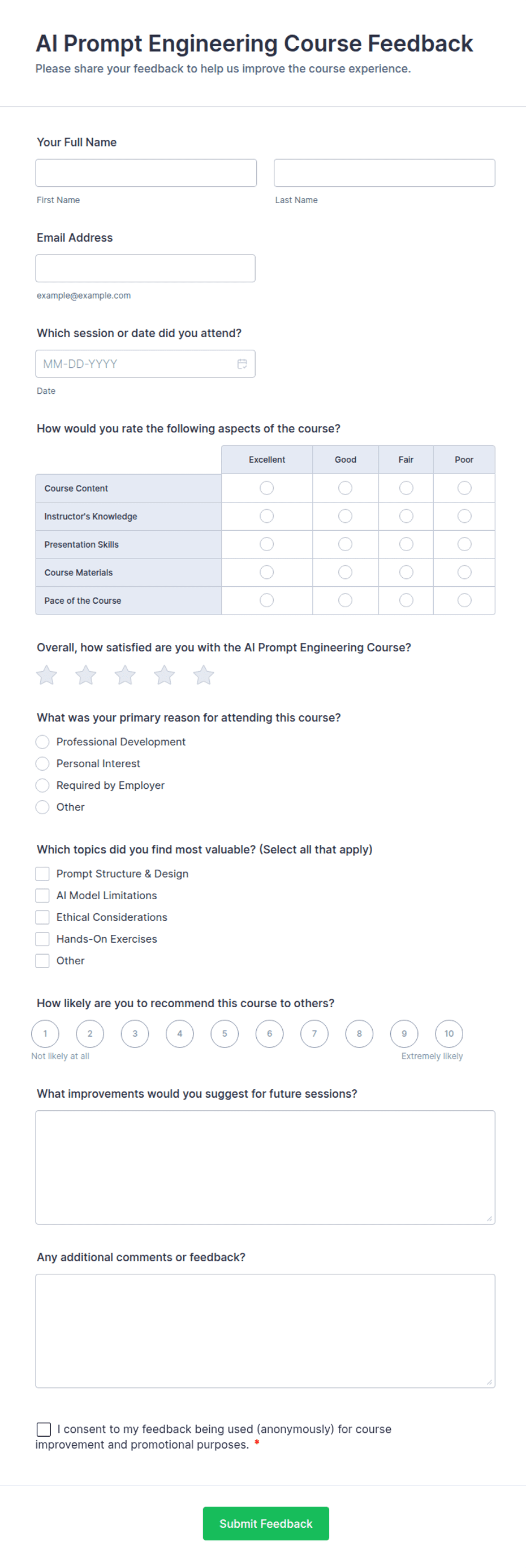 AI Prompt Engineering Course Feedback Form Template | Jotform