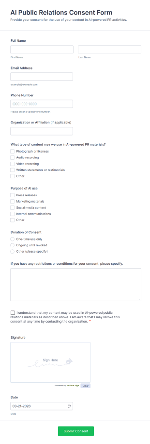 AI Public Relations Consent Form Template