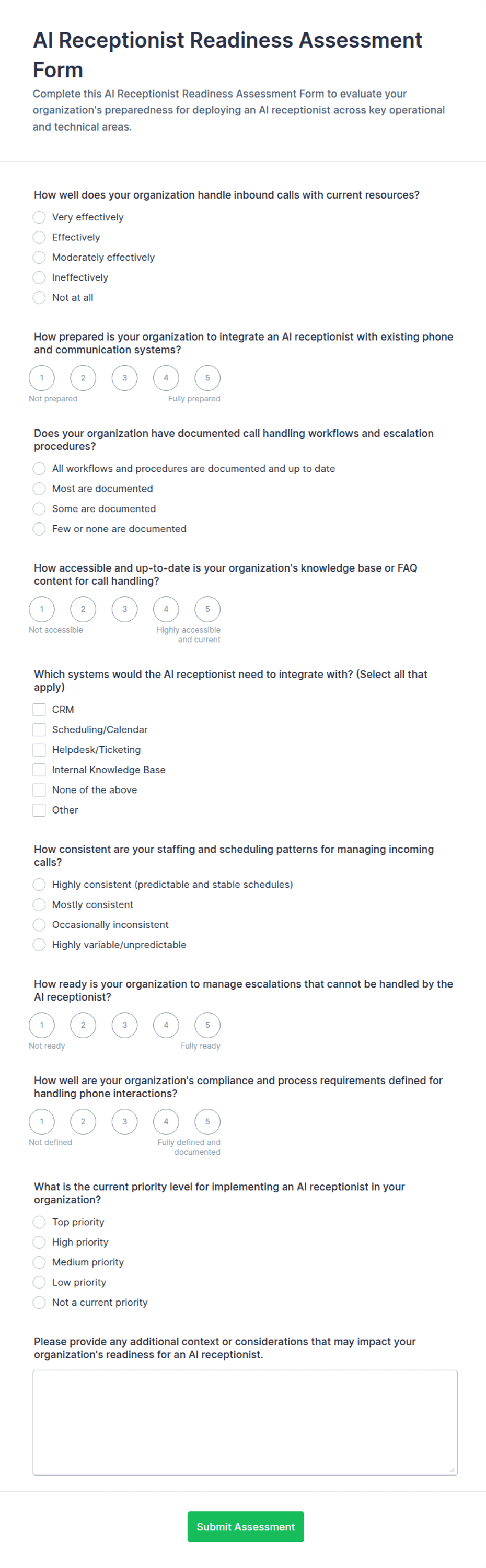 AI Receptionist Readiness Assessment Form Template | Jotform