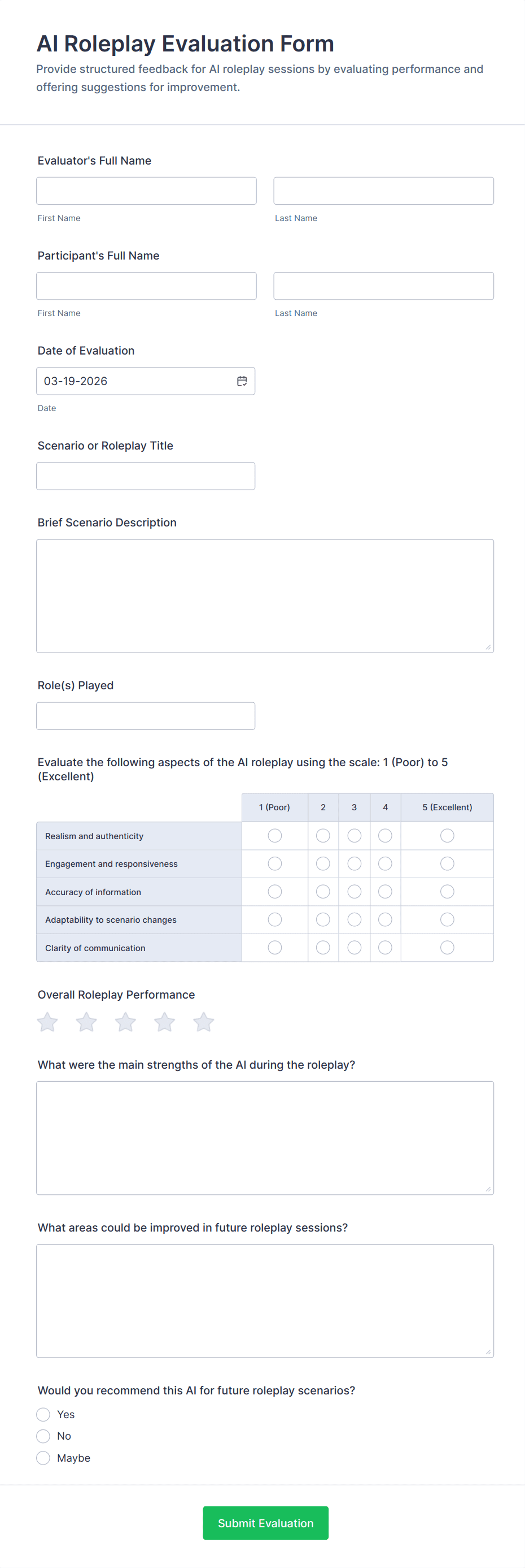 AI Roleplay Evaluation Form Template | Jotform
