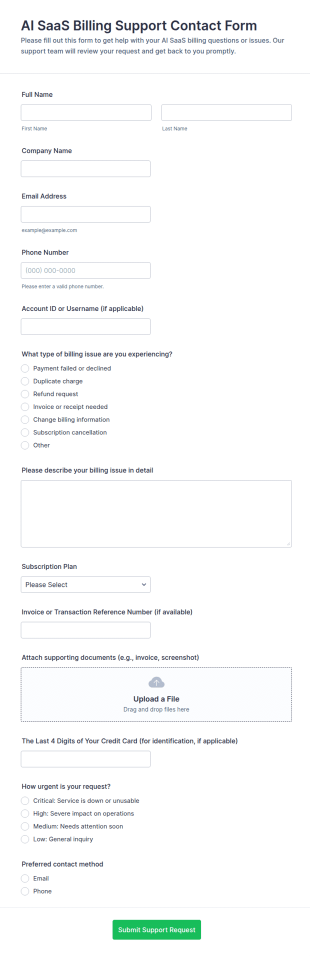AI SaaS Billing Support Contact Form Template