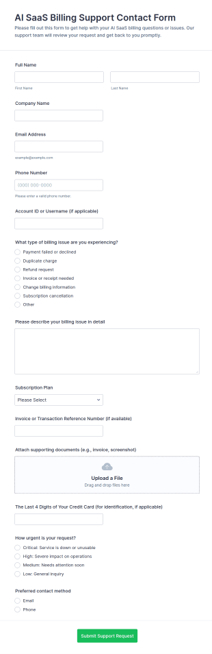 AI SaaS Billing Support Contact Form Template