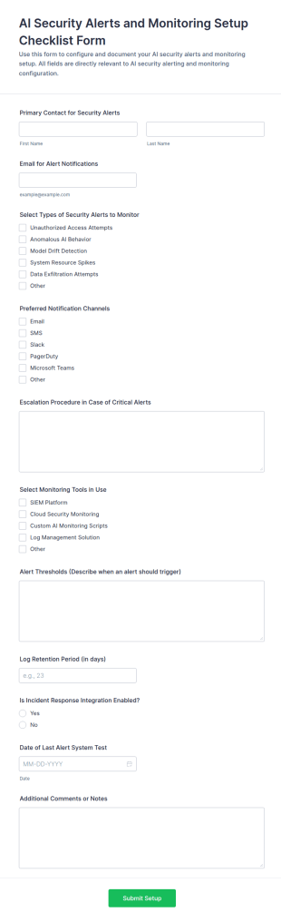 AI Security Alerts And Monitoring Setup Checklist Form Template