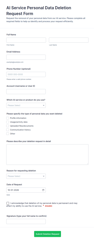 AI Service Personal Data Deletion Request Form Template