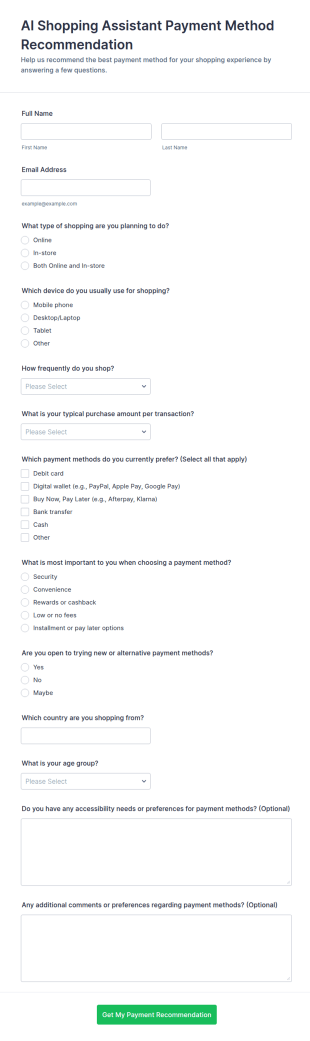 AI Shopping Assistant Payment Method Recommendation Form Template