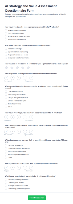 AI Strategy And Value Assessment Questionnaire Form Template