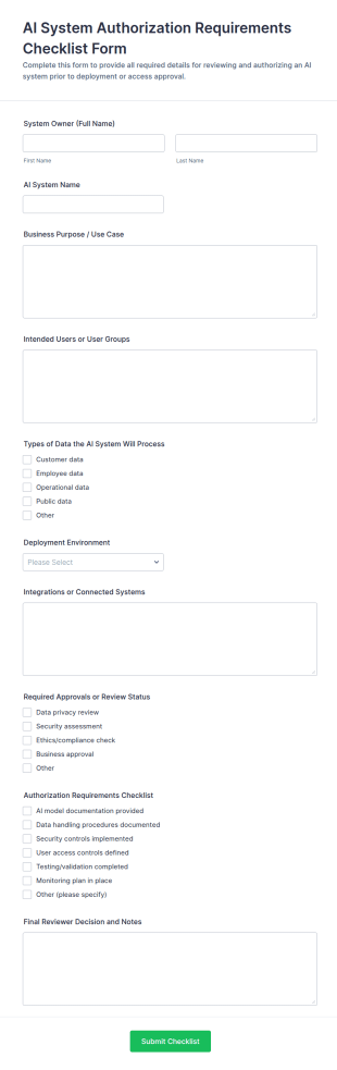AI System Authorization Requirements Checklist Form Template
