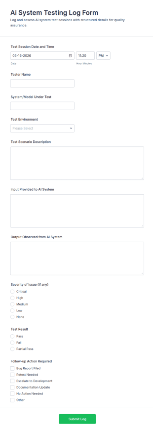 AI System Testing Log Form Template