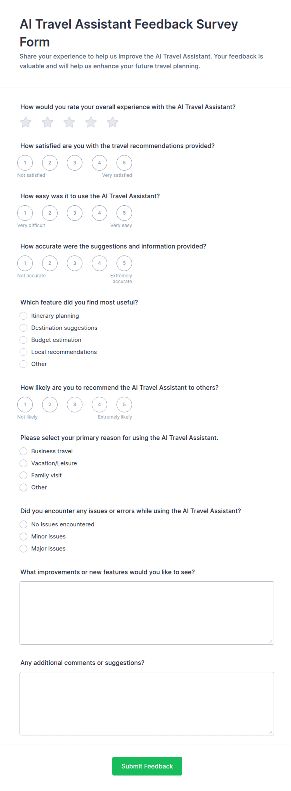 AI Travel Assistant Feedback Survey Form Template | Jotform