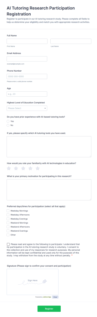 AI Tutoring Research Participation Registration Form Template