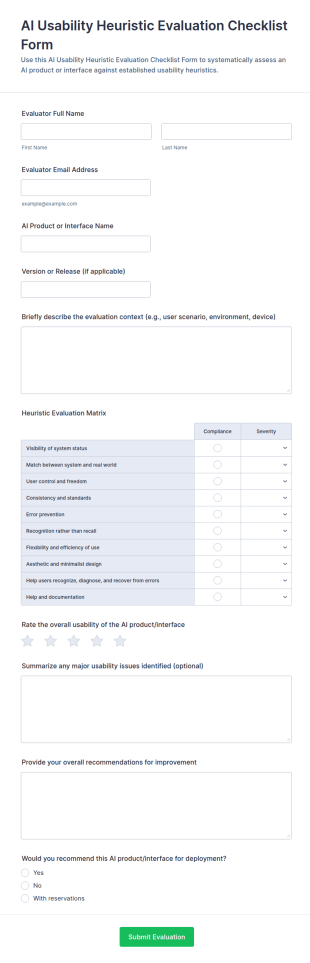 AI Usability Heuristic Evaluation Checklist Form Template
