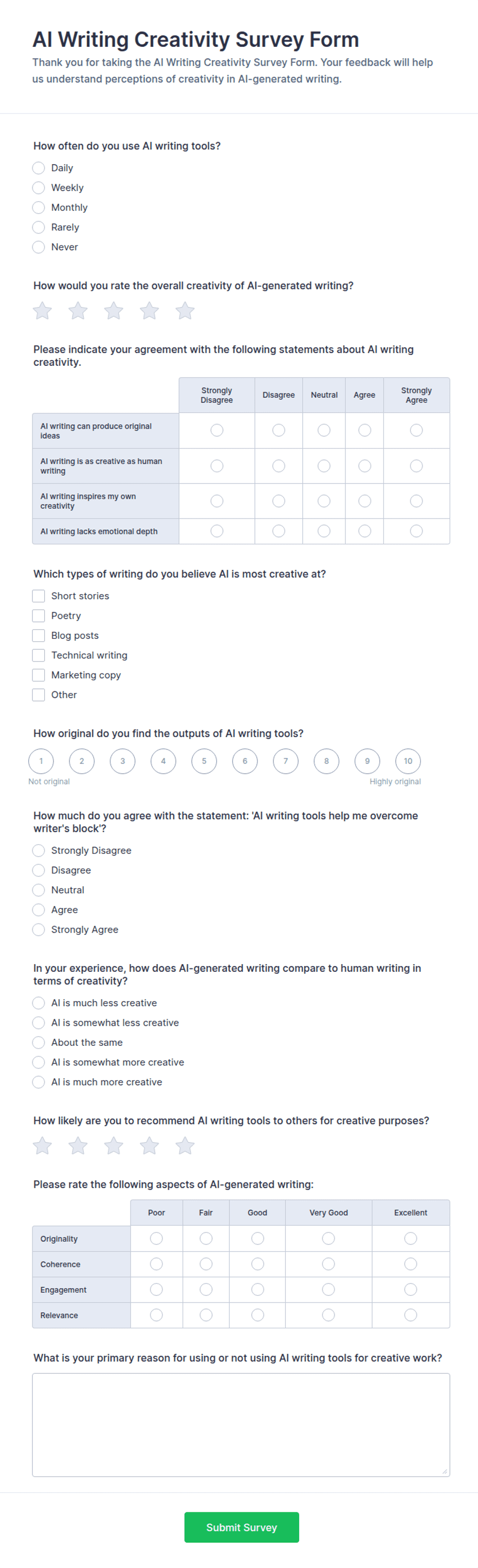 AI Writing Creativity Survey Form Template | Jotform