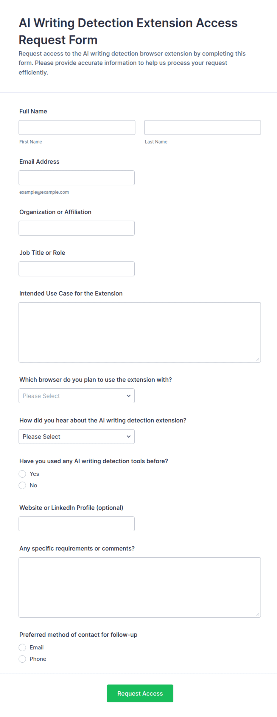 AI Writing Detection Extension Access Request Form Template | Jotform