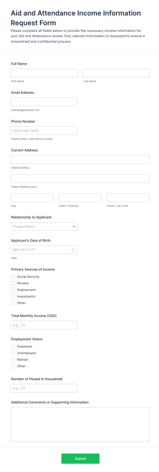 Aid And Attendance Income Information Request Form Template