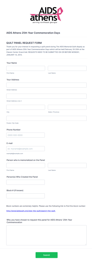 Quilt Panel Request Form Template