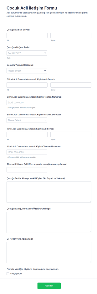 Aile Acil Durum İletişim Form Şablonu