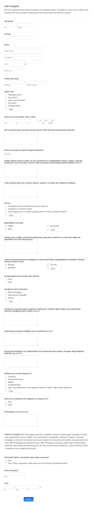 Aile Fotoğraf Çekimi Bilgi Toplama Form Şablonu