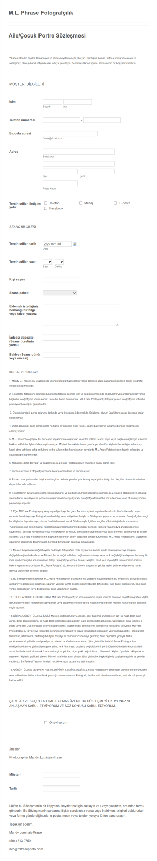 Aile Ve Çocuk Fotoğraf Kontratı Form Template