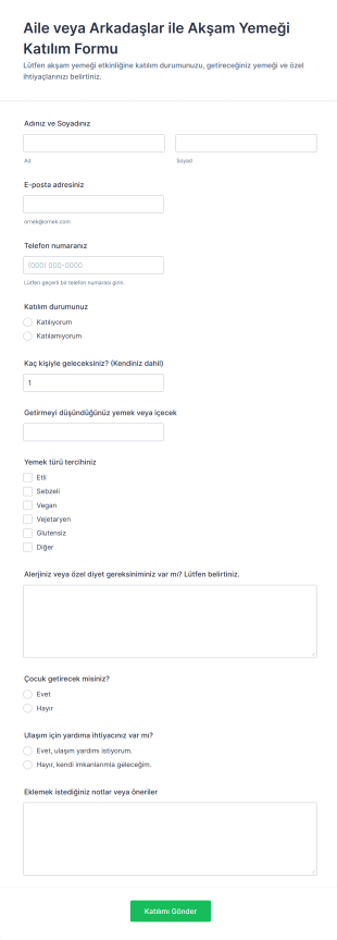 Aile Veya Arkadaşlar Ile Akşam Yemeği Katılım Form Şablonu