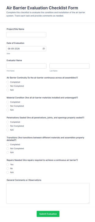 Air Barrier Evaluation Checklist Form Template