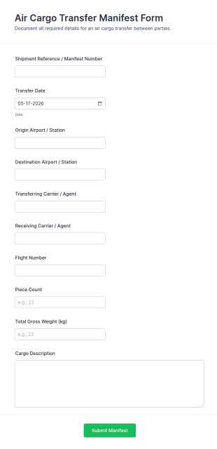 Air Cargo Transfer Manifest Form Template