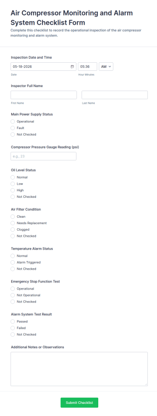 Air Compressor Monitoring And Alarm System Checklist Form Template