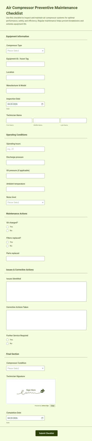 Air Compressor Preventive Maintenance Checklist Form Template