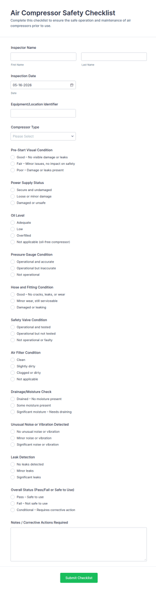 Air Compressor Safety Checklist Form Template