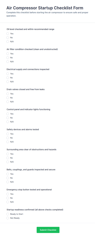 Air Compressor Startup Checklist Form Template
