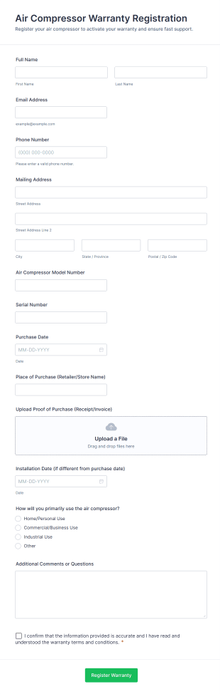 Air Compressor Warranty Registration Form Template