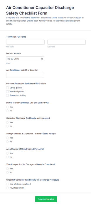 Air Conditioner Capacitor Discharge Safety Checklist Form Template
