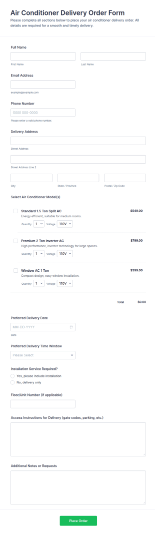 Air Conditioner Delivery Order Form Template