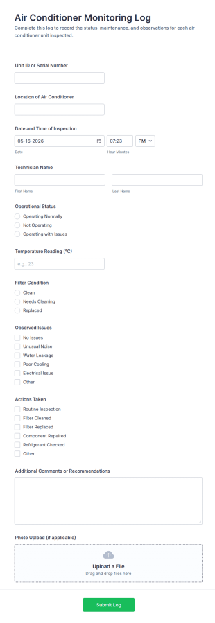 Air Conditioner Monitoring Log Form Template