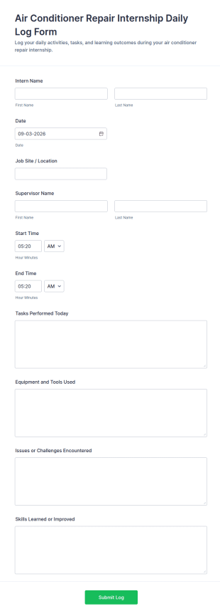 Air Conditioner Repair Internship Daily Log Form Template