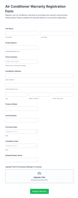 Air Conditioner Warranty Registration Form Template