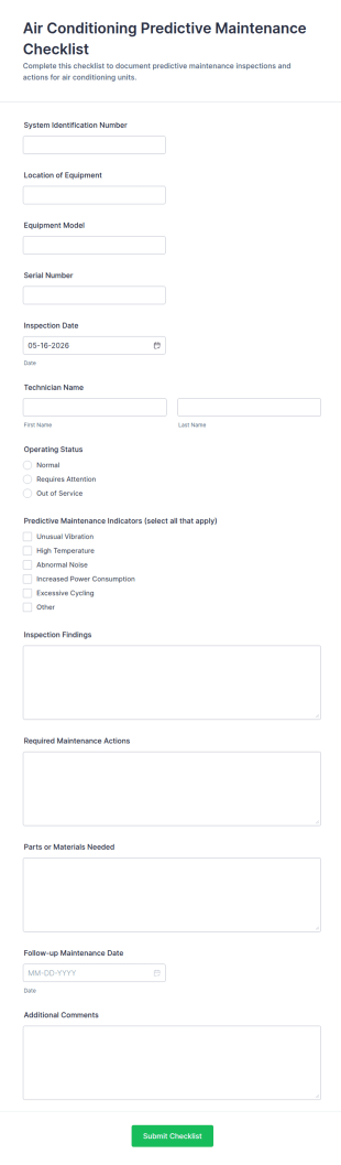 Air Conditioning Predictive Maintenance Checklist Form Template