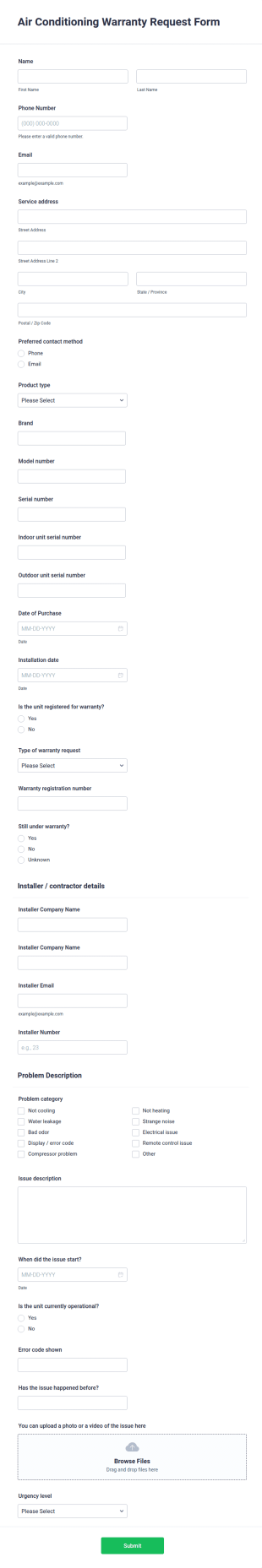 Air Conditioning Warranty Request Form Template