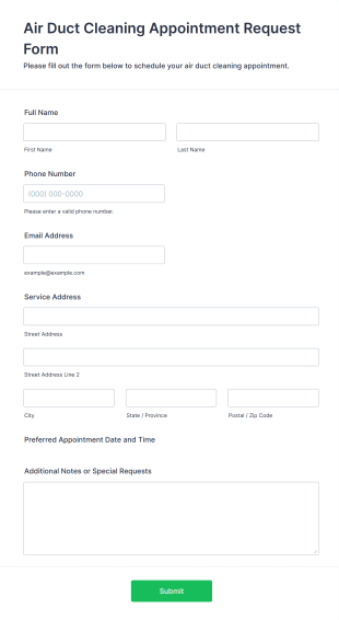 Air Duct Cleaning Appointment Request Form Template