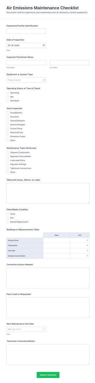 Air Emissions Maintenance Checklist Form Template