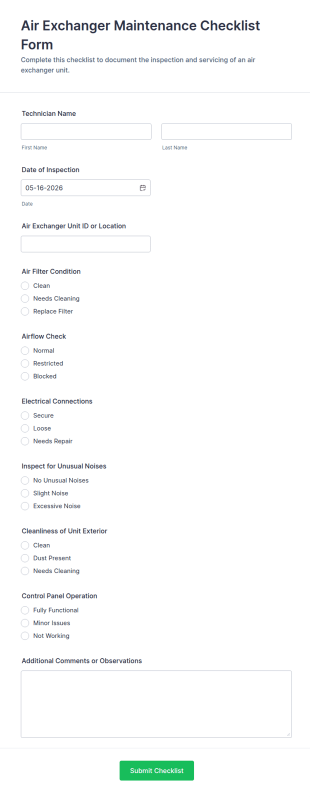 Air Exchanger Maintenance Checklist Form Template