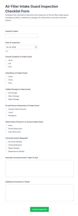 Air Filter Intake Guard Inspection Checklist Form Template
