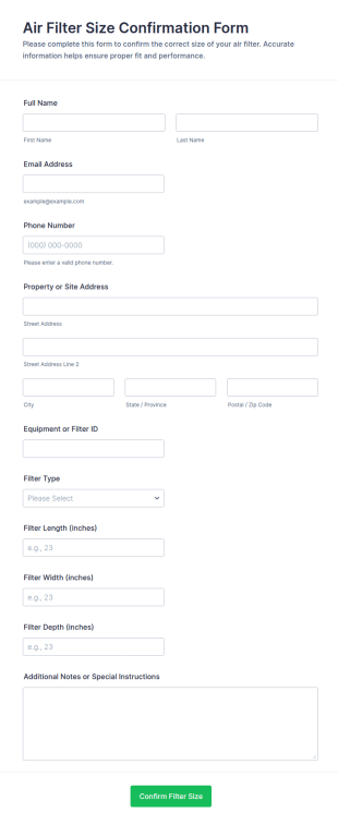 Air Filter Size Confirmation Form Template