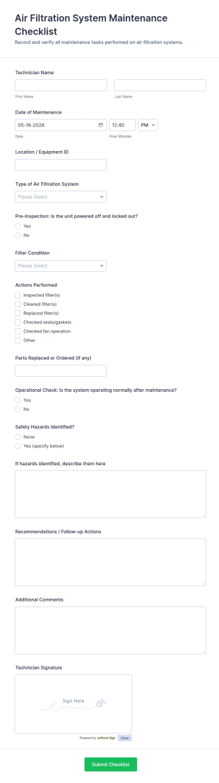 Air Filtration System Maintenance Checklist Form Template