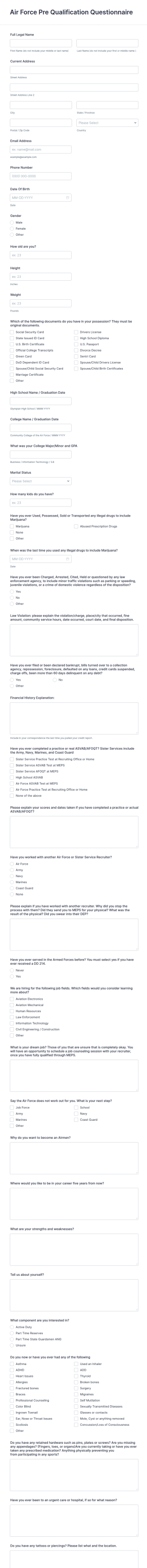 Air Force Qualification Questionnaire Form Template