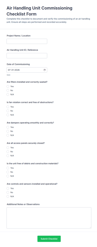 Air Handling Unit Commissioning Checklist Form Template