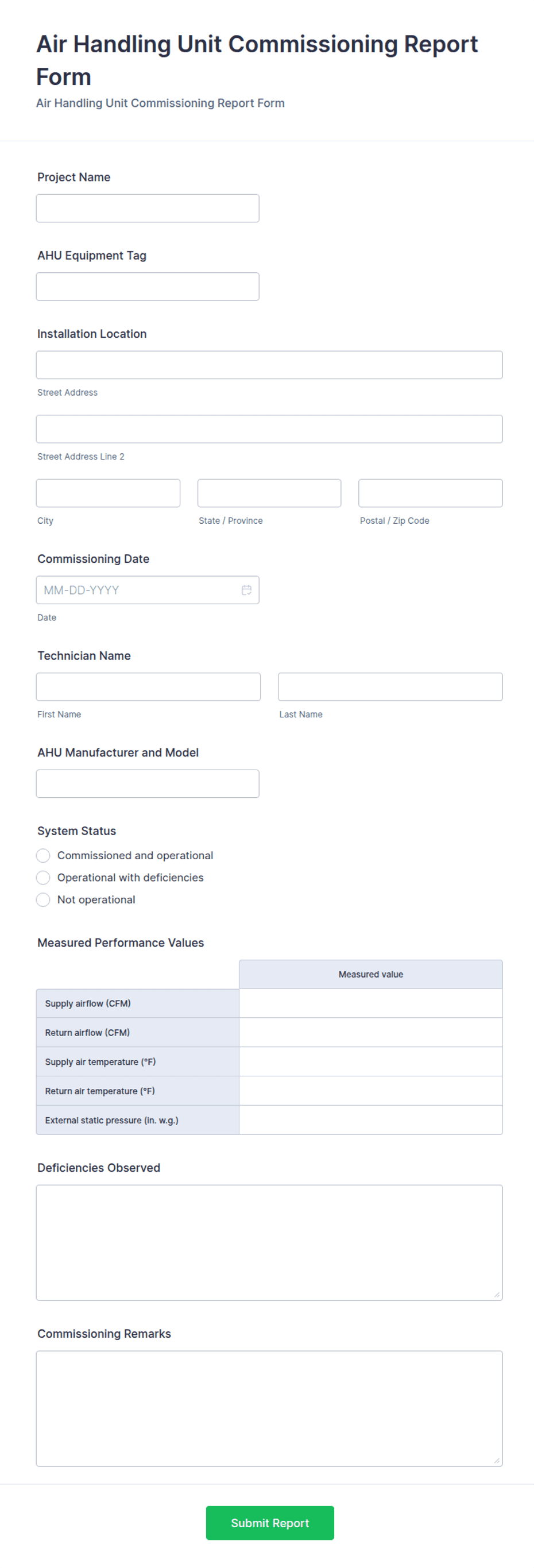 Air Handling Unit Commissioning Report Form Template | Jotform