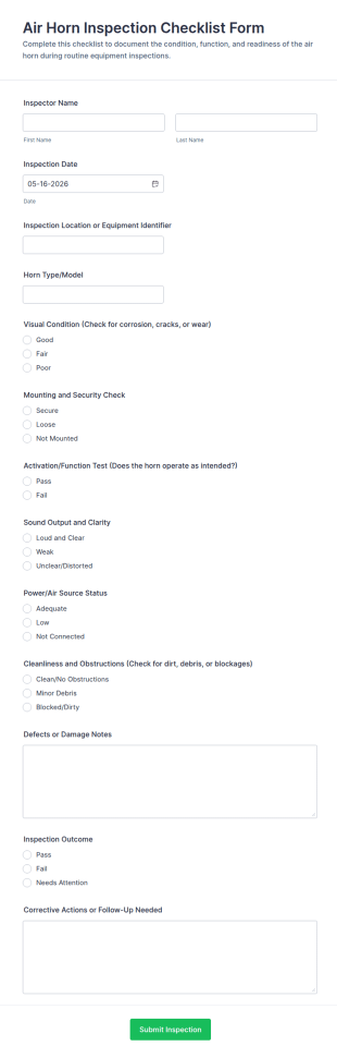 Air Horn Inspection Checklist Form Template