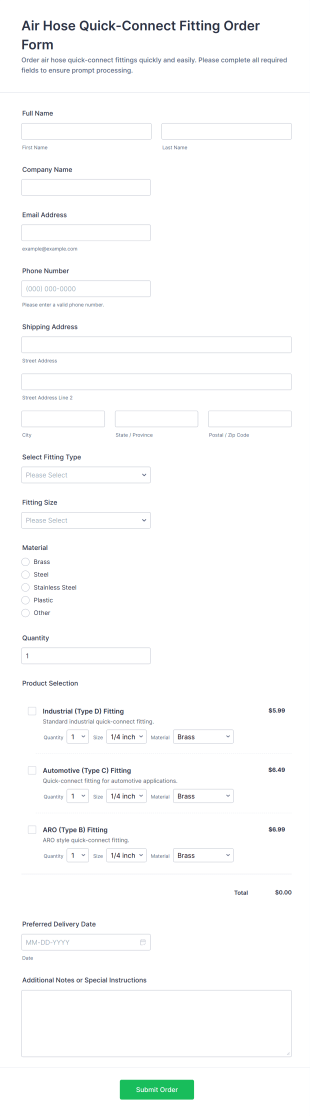Air Hose Quick Connect Fitting Order Form Template