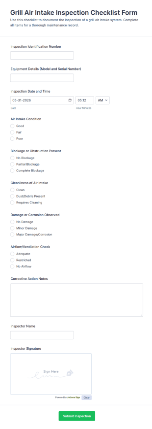 Air Intake Inspection Checklist Form Template