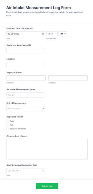 Air Intake Measurement Log Form Template